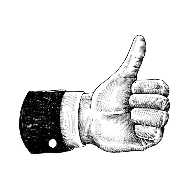 Vector mano dibujada pulgar arriba aislado sobre fondo blanco