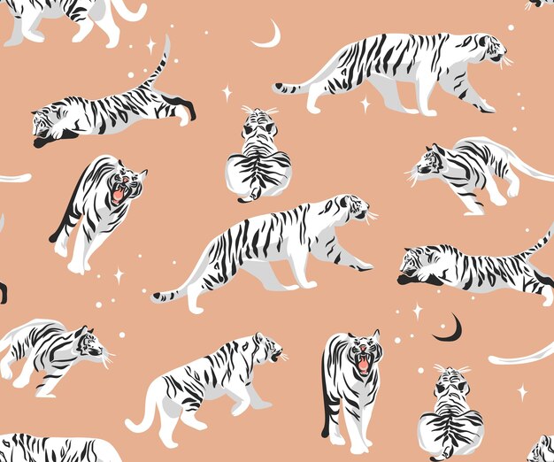 Mano dibujada vector abstracto stock ilustraciones gráficas modernas, safari bohemio contemporáneo estampado de patrones sin fisuras con exóticos tigres salvajes animales textura rayada en colores pastel.