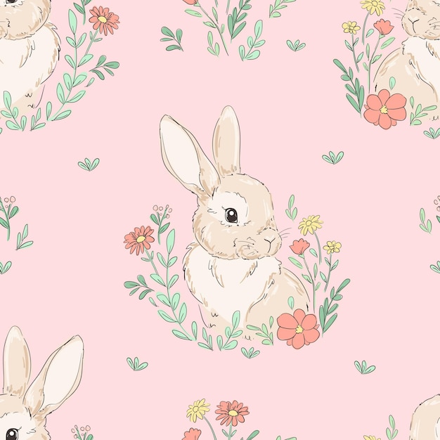 A mano dibujado conejos lindos y flores de fondo vectorial sin costuras pequeño conejo patrón impresión para niños