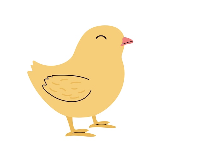 Con la mano dibujado lindo de pie pequeño amarillo Chick Vector Plano primavera diseño de Pascua en color