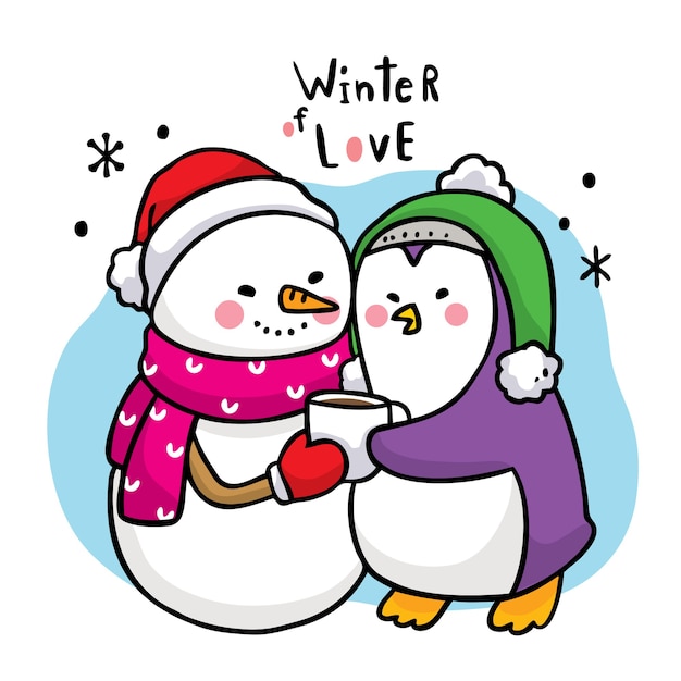 Mano dibujar dibujos animados lindo invierno muñeco de nieve abrazo pingüino y taza de café.