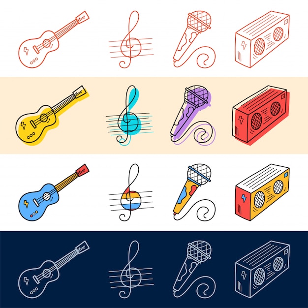 Mano dibujar guitarra, nota, conjunto de iconos de micrófono en estilo doodle para su diseño.