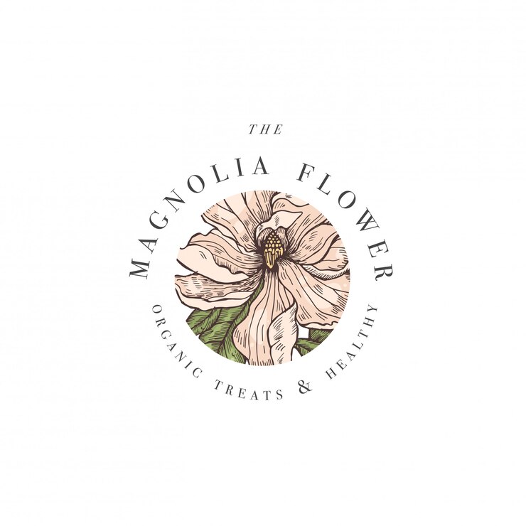 Mano dibujar ilustración de logotipo de flores de magnolia. Guirnalda floral Emblema floral botánico con tipografía sobre fondo blanco.