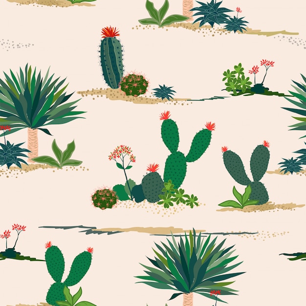 Mano dibujo cactus y plantas suculentas de patrones sin fisuras sobre fondo pastel