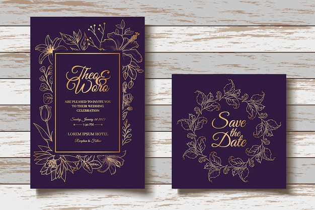 Mano dibujo conjunto tarjeta invitación boda floral dorado