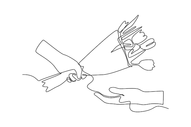 La mano de dibujo continuo de una línea da flor de tulipanes a la otra mano Concepto de primavera Ilustración gráfica de vector de diseño de dibujo de una sola línea
