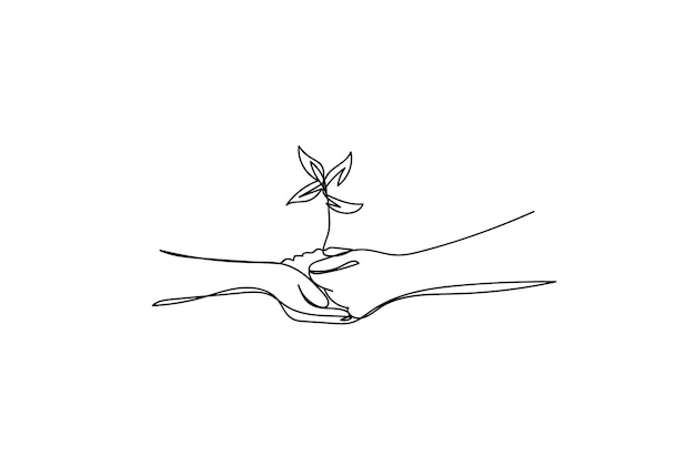 Mano de dibujo continuo de una línea sosteniendo una ilustración de vector de planta sobre fondo blanco