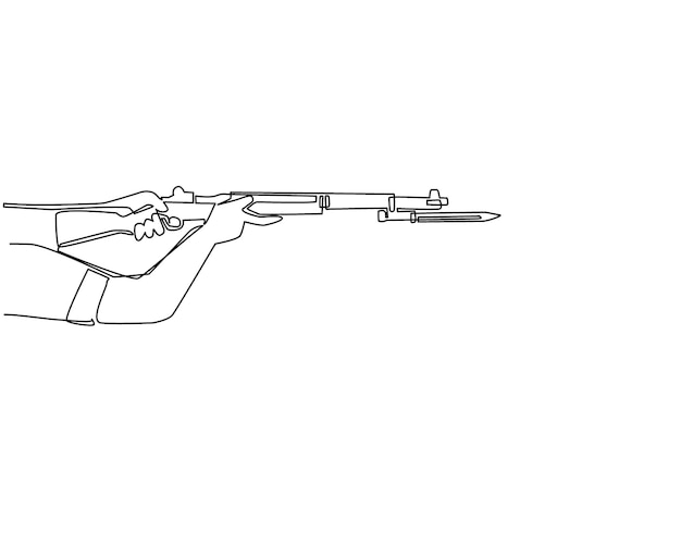 Mano de dibujo continuo de una línea sosteniendo rifle semiautomático M1 garand con bayoneta de cuchillo