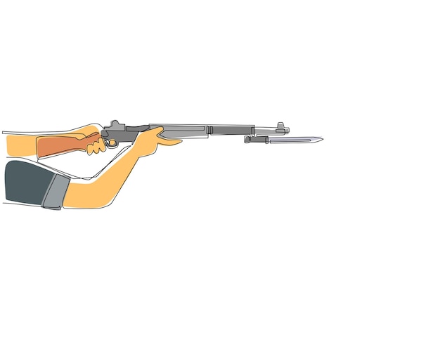 Vector mano de dibujo continuo de una línea sosteniendo rifle semiautomático m1 garand con bayoneta de cuchillo