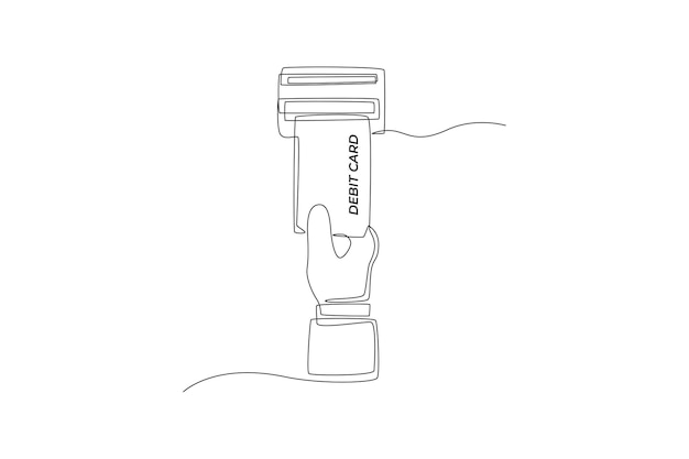 Mano de dibujo de una línea continua inserte su tarjeta de débito en el cajero automático Concepto de máquina de cajero automático Ilustración gráfica de vector de diseño de dibujo de una sola línea