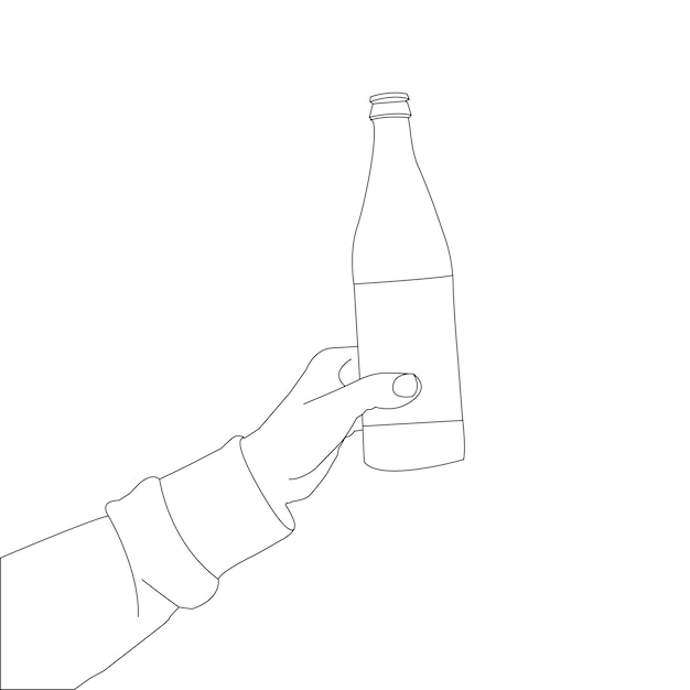 mano de dibujo de una línea que sostiene la botella y el vector de contorno sobre fondo blanco