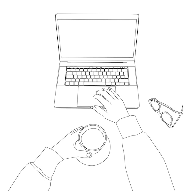 mano de dibujo de una línea que sostiene la computadora portátil