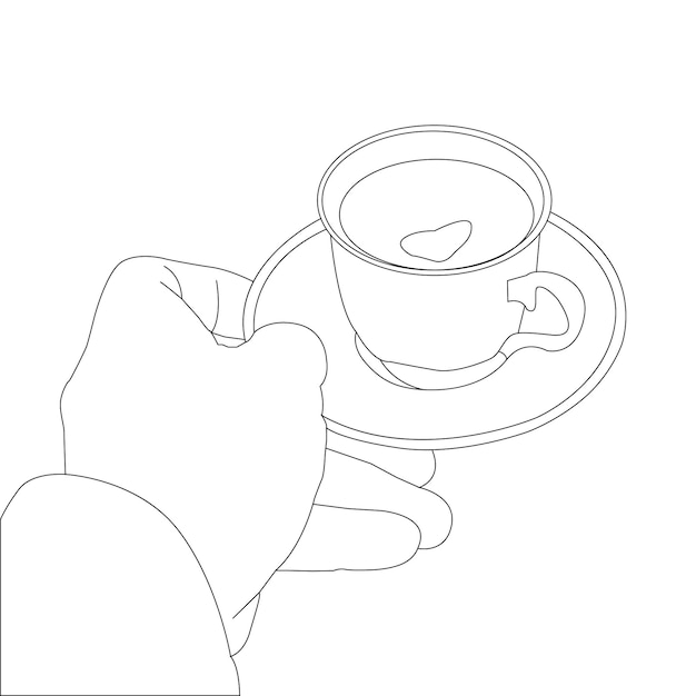 una mano de dibujo de línea sosteniendo una taza de café