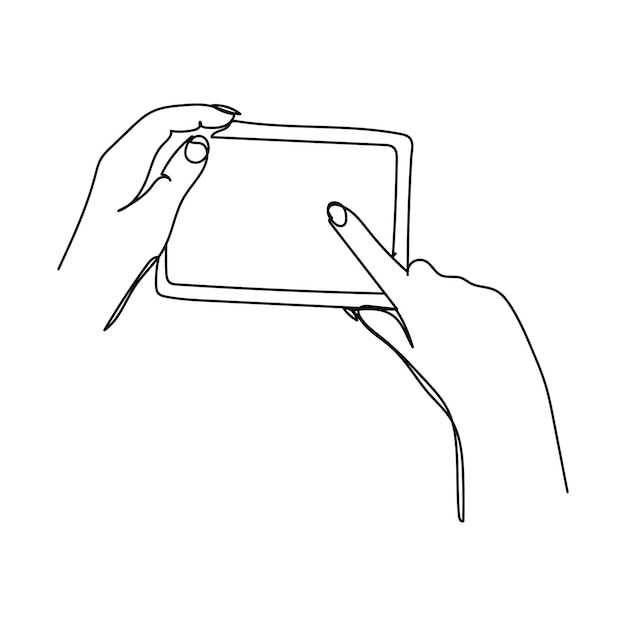 Una mano de dibujo de línea sosteniendo un teléfono o teléfono inteligente comunicación de dispositivos de tecnología de telefonía móvil