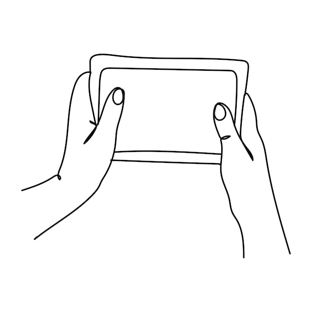 Una mano de dibujo de línea sosteniendo un teléfono o teléfono inteligente comunicación de dispositivos de tecnología de telefonía móvil