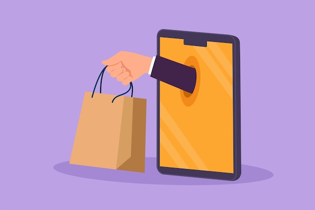Mano de dibujo plano de personaje de la pantalla del teléfono inteligente con bolsa de compras Venta de estilo de vida digital con concepto de internet o gadget Tecnología de tienda de comercio en línea Ilustración de vector de diseño de dibujos animados