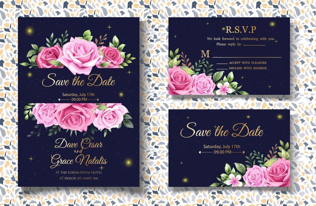 Mano dibujo plantilla de invitación de boda floral con hermosas flores