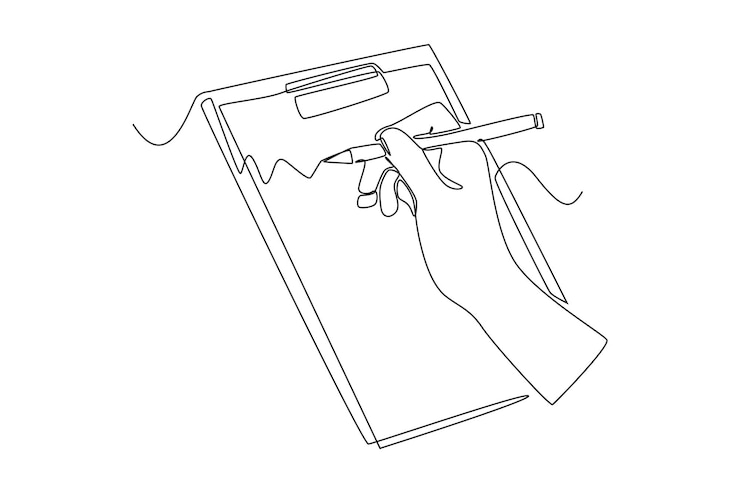 Vector mano de dibujo de una sola línea que completa un formulario de tarea con un bolígrafo concepto de escritura de documentos ilustración de vector gráfico de diseño de dibujo de línea continua