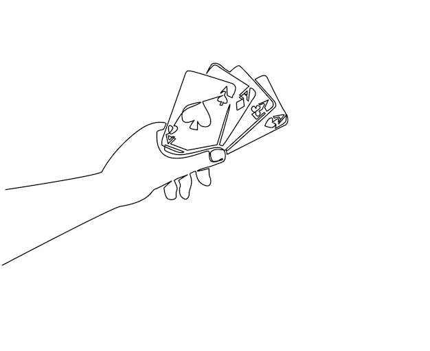 Mano de dibujo de una sola línea que sostiene cuatro ases concepto de carta de juego de póquer La mano sostiene cartas de juego