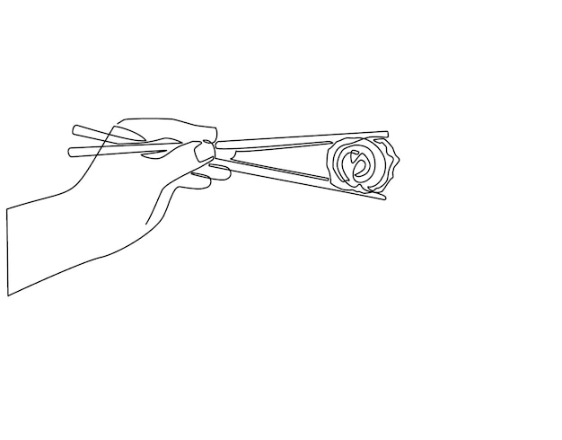 Vector mano de dibujo de una sola línea sosteniendo un rollo de sushi chino japonés con un par de palillos de madera