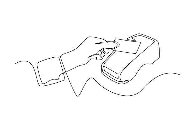Vector mano de dibujo de una sola línea usando una tarjeta de crédito o débito para transacciones a través del terminal concepto de pago sin efectivo ilustración de vector gráfico de diseño de dibujo de línea continua