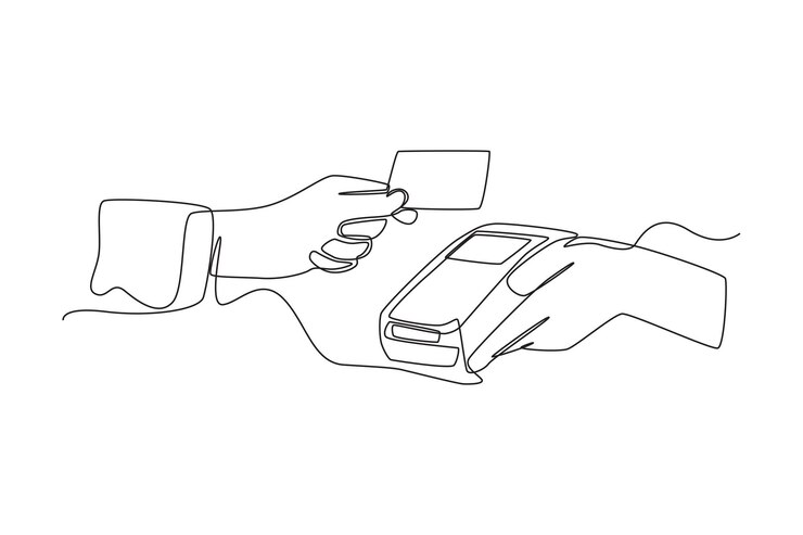 Vector mano de dibujo de una sola línea usando una tarjeta de crédito o débito para transacciones a través del terminal concepto de pago sin efectivo ilustración de vector gráfico de diseño de dibujo de línea continua
