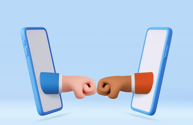 Mano de dibujos animados en 3D y compañero dando puño con la mano