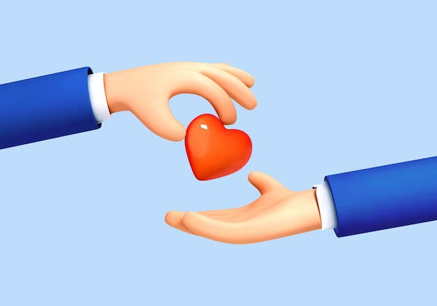 La mano de dibujos animados en 3D da un corazón rojo a otro aislado en el fondo azul Concepto de redes sociales Ilustración 3d vectorial