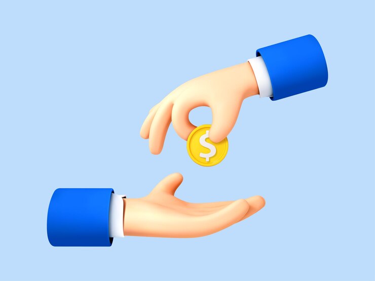Vector mano de dibujos animados en 3d dando moneda a la palma sobre fondo azul concepto de pago de dinero ilustración 3d vectorial