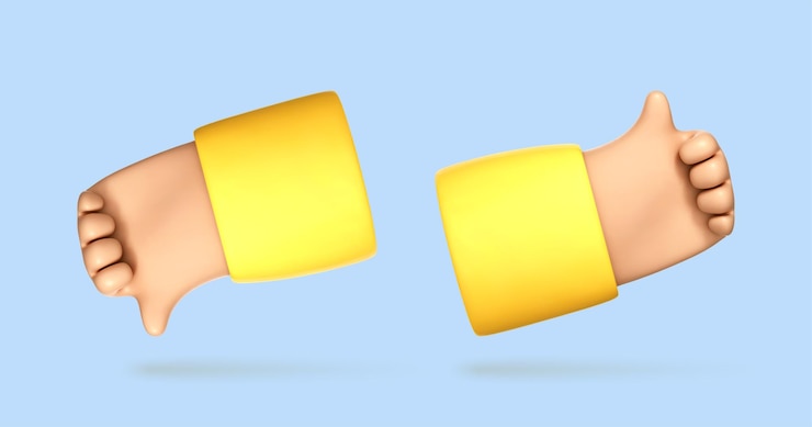 Vector mano de dibujos animados en 3d con gesto de pulgar hacia arriba y hacia abajo concepto de signos de votación o calificación ilustración 3d vectorial