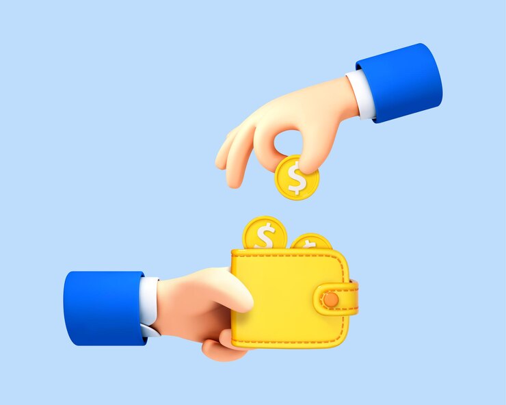 Vector mano de dibujos animados en 3d poniendo moneda en la billetera aislada sobre fondo azul ilustración 3d vectorial