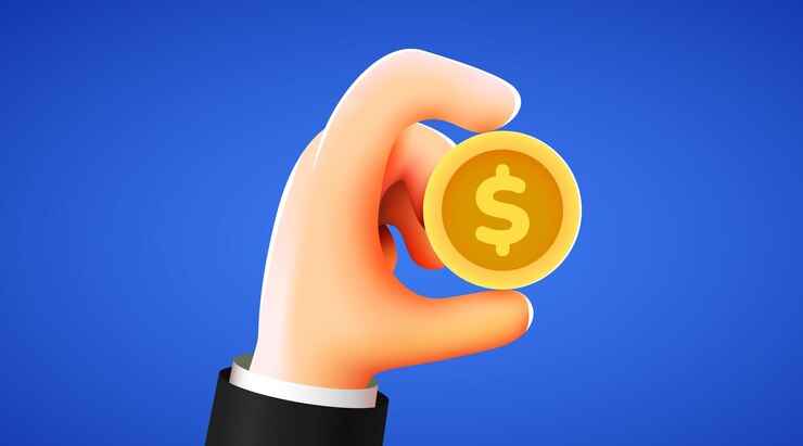 Vector mano de dibujos animados 3d sosteniendo moneda de dólar de oro concepto de pago de ganancias de inversión ilustración vectorial