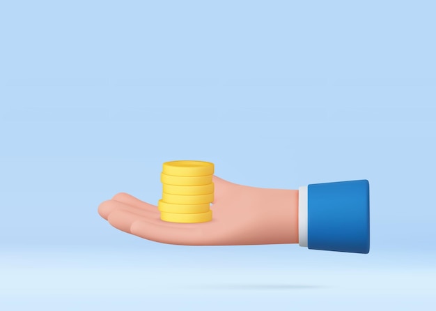 Mano de dibujos animados en 3D sosteniendo una pila de monedas