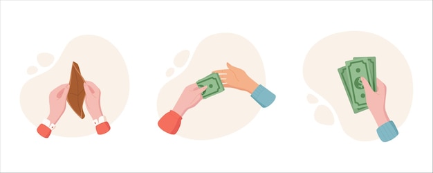 Mano de dibujos animados que sostiene efectivo y billetera Concepto de transferencia y pago de dinero Set financiero aislado que muestra