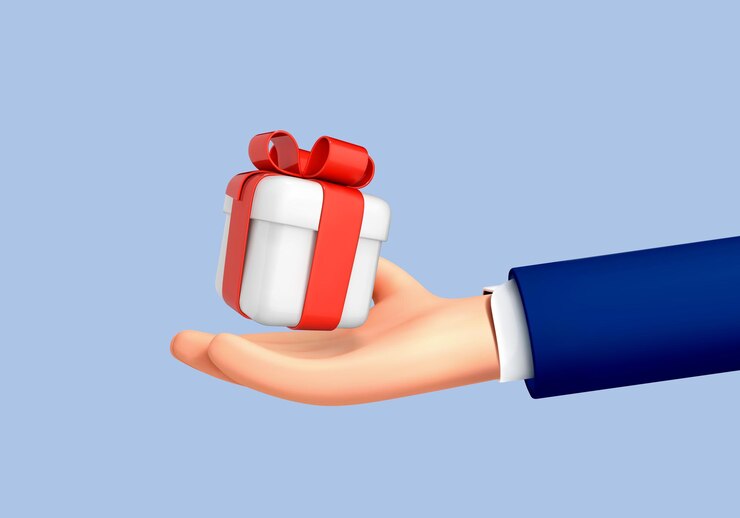 Vector mano de dibujos animados sosteniendo caja de regalo con cinta aislada sobre fondo azul vector 3d ilustración13
