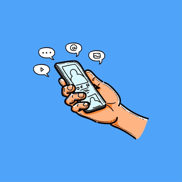 Mano de dibujos animados sosteniendo un teléfono inteligente con iconos de redes sociales en fondo azul
