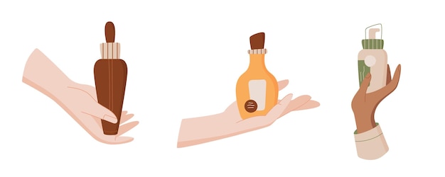 La mano de dibujos animados sostiene el conjunto de botellas de aceite de belleza antienvejecimiento