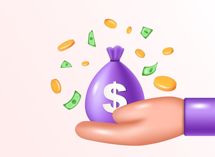 Vector la mano de dibujos animados tiene dinero. diseño 3d realista en estilo de dibujos animados. finanzas, inversión, ganar dinero.