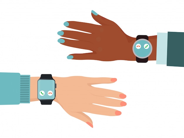 Mano diferentes naciones usan smartwatch, brazo de piel de color blanco y negro aislado en blanco, ilustración. Tecnología moderna en línea.