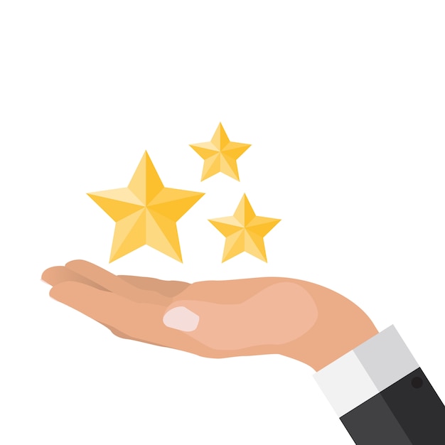 Mano con diseño plano de estrellas. Presente, regalo, concepto de cupón