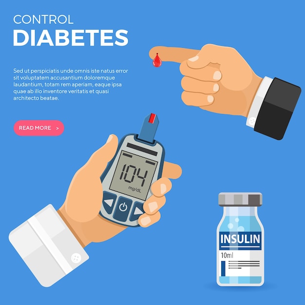 Vector la mano del doctor sostiene el medidor de glucosa en sangre y el dedo con una gota de sangre. pruebas de nivel de azúcar, tratamiento, seguimiento y diagnóstico del concepto de diabetes. icono de estilo plano. ilustración vectorial aislada