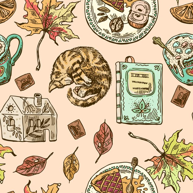 Mano drwan boceto de patrones sin fisuras elementos de otoño Dibujo de estilo de dibujo Nosotros para invitaciones, volantes, postales, cubiertas de teléfonos inteligentes, etc.
