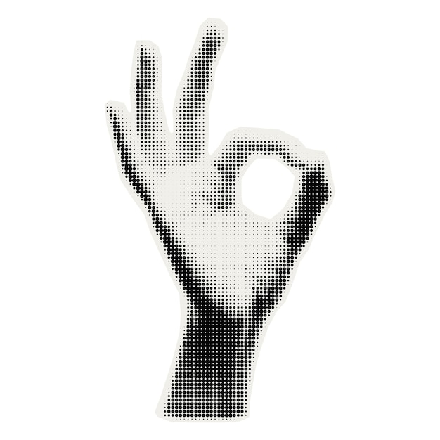 Mano con efecto de medio tono pegatina recortada vectorial Elemento de diseño de collage moderno de moda para un diseño de portada de collage de tarjeta de felicitación