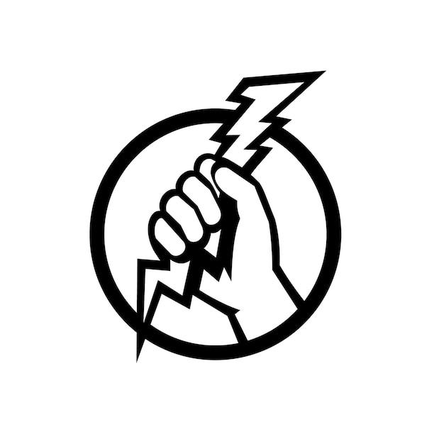 Vector la mano de un electricista sosteniendo un rayo retro en blanco y negro