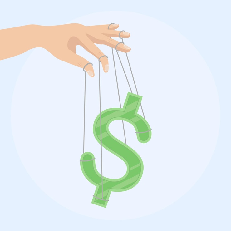 Vector mano de empresario controlando un signo de dinero como marioneta