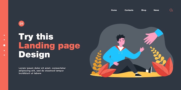 Mano enorme que ofrece ayuda al niño sentado en el suelo. Personaje masculino caído buscando ayuda ilustración vectorial plana. Asistencia, comunidad, concepto de amistad para banner, diseño de sitio web o página de destino