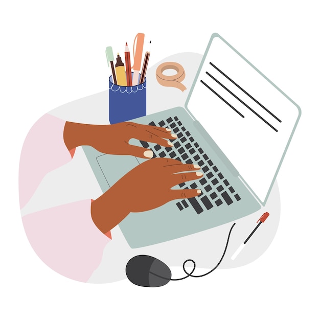Mano escribiendo en la computadora portátil Escritor lugar de trabajo Red  social Vector ilustración de dibujos animados planos | Vector Premium