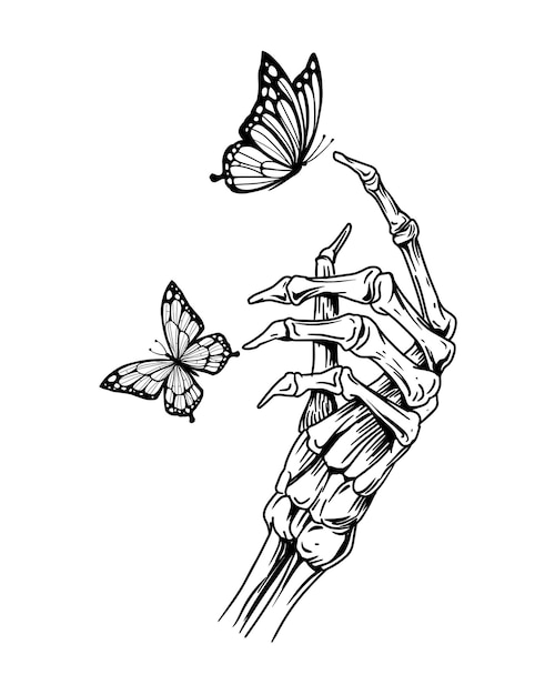 Mano de esqueleto con flor de mariposa dibujo vectorial dibujado a mano contorno negro sobre fondo transparente