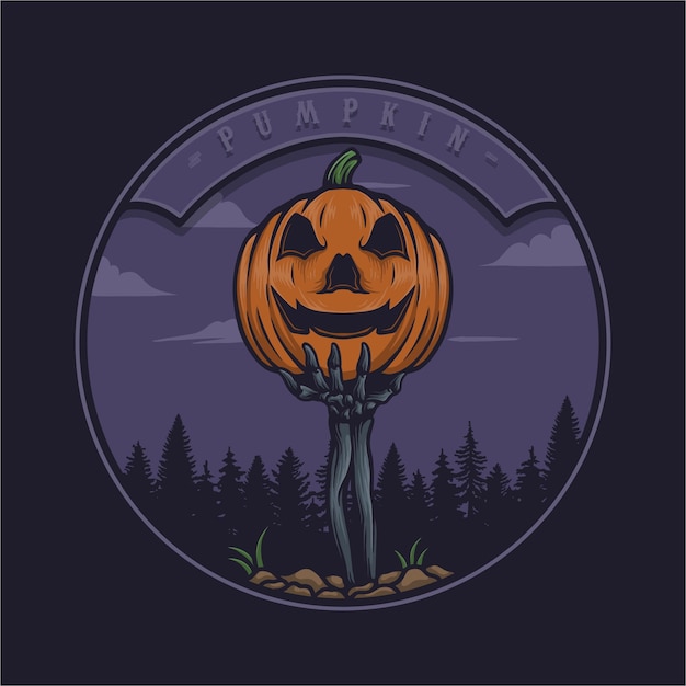 mano de esqueleto con vector de árbol de halloween hueco de calabaza