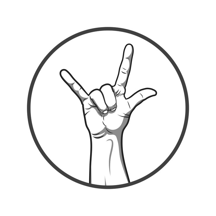 Vector mano de estilo blanco y negro en signo de rock and roll.